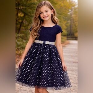 DOLLIE & ME navy blue silver metallic girls fashion chic style dress / size 6